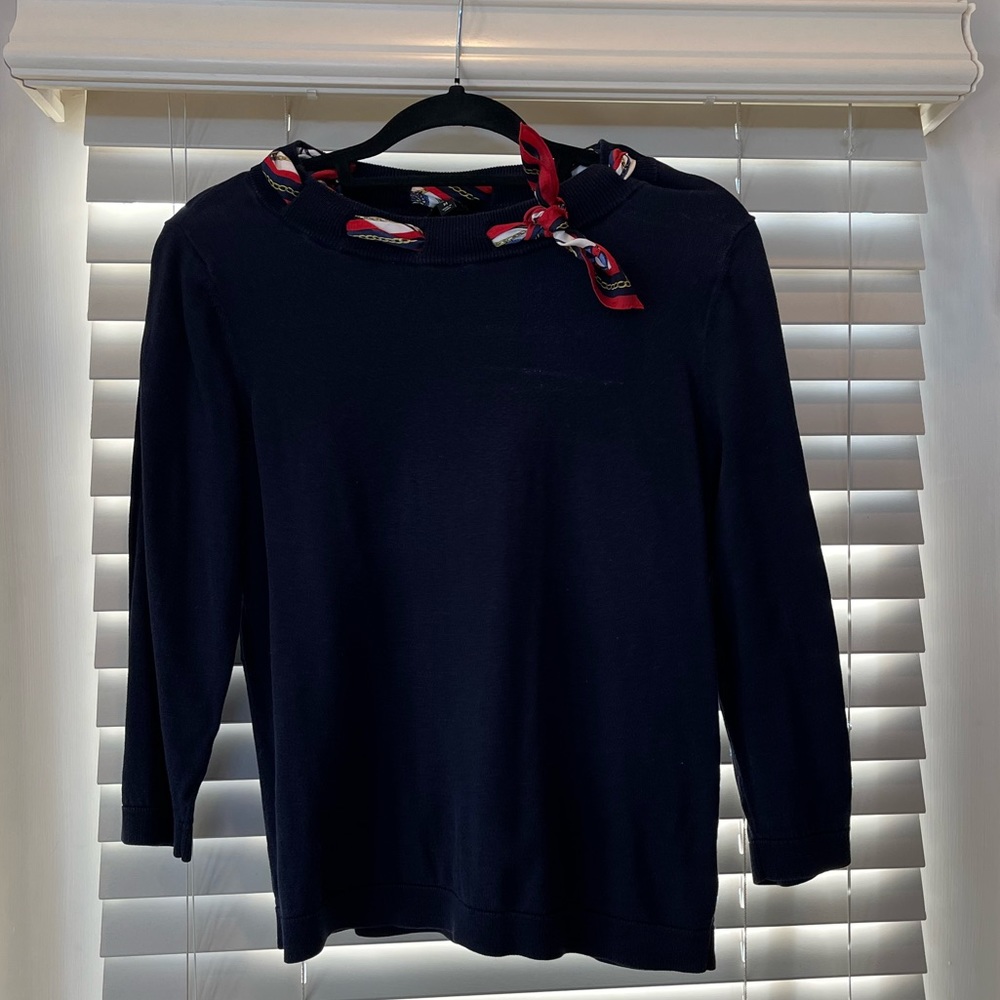 Talbots navy sweater with attached nautical scarf. Medium